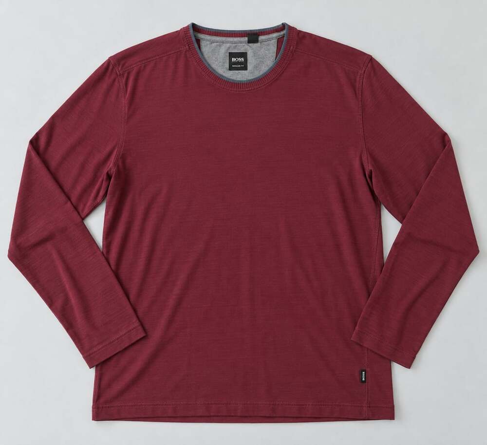Hugo Boss Mens Burgundy Long Sleeve Crewneck Shirt Regular Fit Maroon Casual L